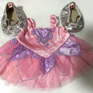 Build A Bear Fairy Party Dress Pink Purple Roses Satin Tulle &Shoes EUC